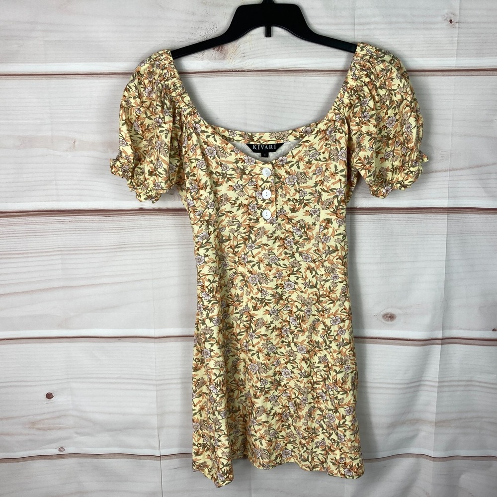 Kivari Dress Womens M Yellow Floral Mini Tie Back Puff Sleeve Scoop Neck Linen